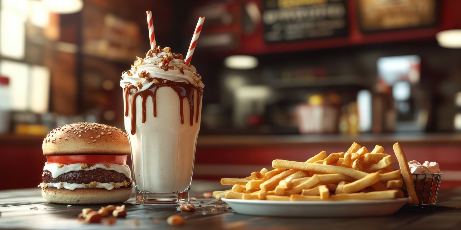 Delicious burger, creamy milkshake, and crispy fries served in a vibrant fast food restaurant